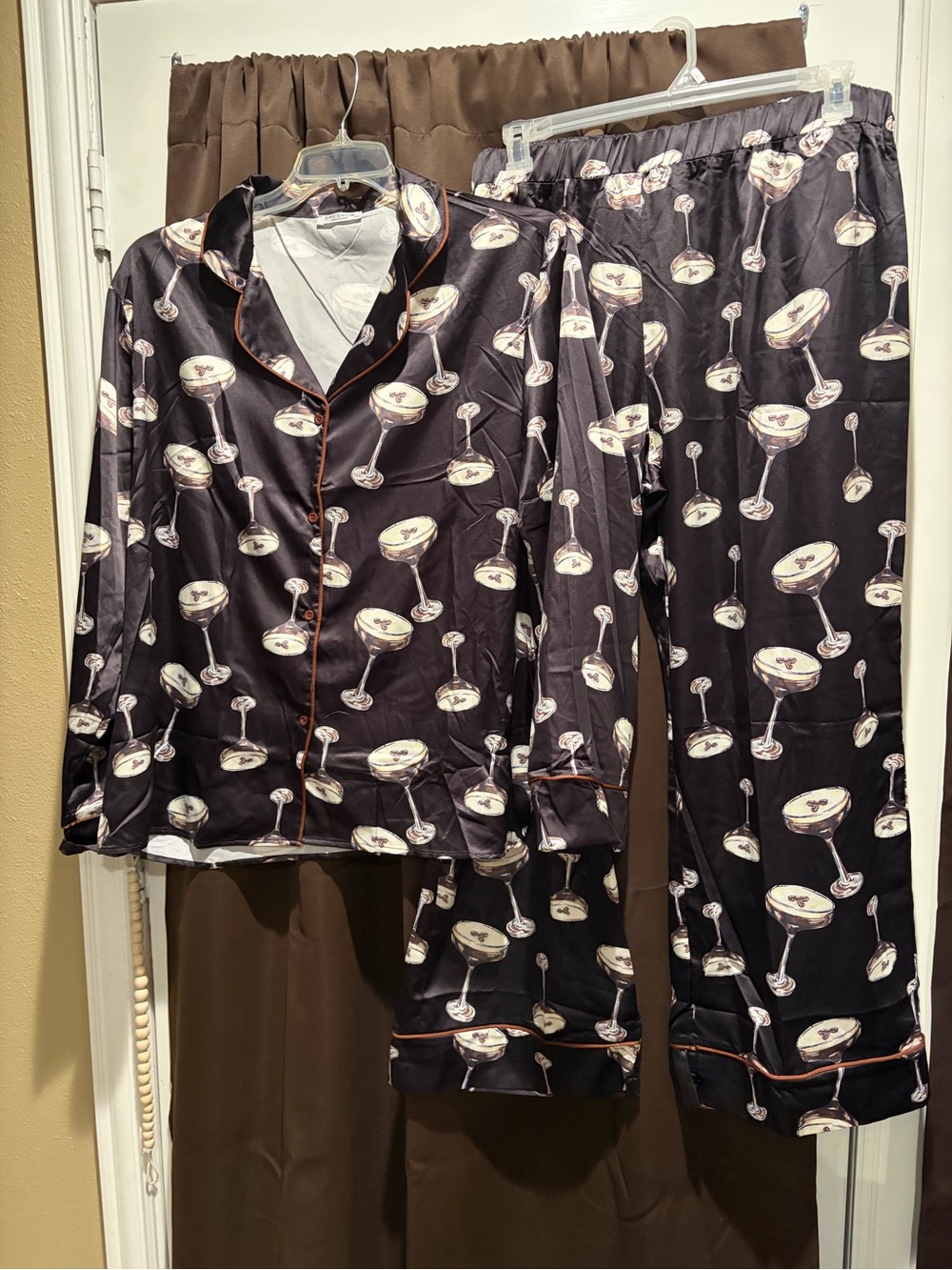 Women Black Silky Pajama Set with Martini Print